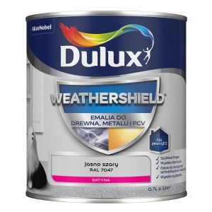 Dulux Weathershield emalia, jasnoszara, do drewna, metalu i PCV. Odporna na warunki atmosferyczne farba do użytku zewnętrznego.