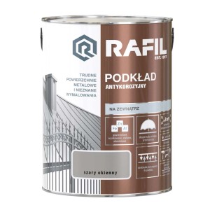 Szary podkład antykorozyjny do metalu, do użytku zewnętrznego.