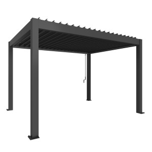 Pergola Biohort w kolorze ciemnoszary metalik z regulowanymi lamelami dla elastycznego cienia.