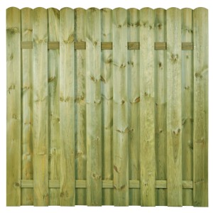 Panel ogrodzeniowy drewniany, zielone listwy z zaokrąglonym wierzchem do ogrodzenia.