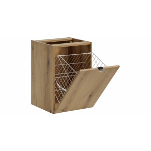 Zestaw mebli łazienkowych t.b.t. z koszem na pranie w kolorze drewna, otwarte drzwi.