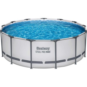 Okrągły basen Bestway ze stalową ramą, wypełniony niebieską wodą.