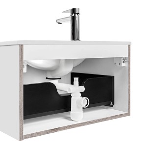 Syfon t.b.t. pod umywalką w szafce, widok szczegółowy.