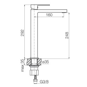 Rysunek techniczny baterii umywalkowej t.b.t. z wymiarami.