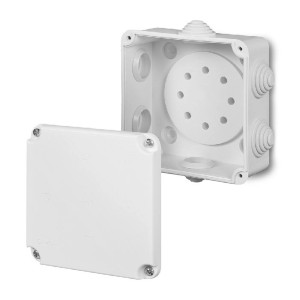 Biała puszka elektryczna z pokrywą, otwarta, do instalacji elektrycznych.
