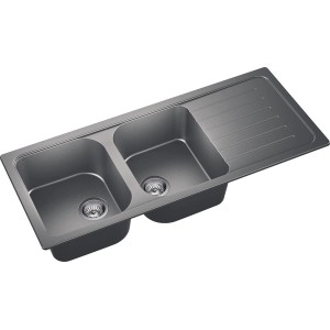 Zlewozmywak granitowy t.b.t. z dwiema komorami i ociekaczem.