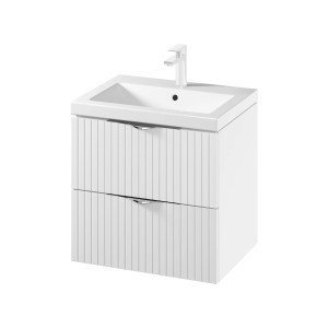 Biały zestaw mebli łazienkowych t.b.t. z umywalką i dwiema szufladami.