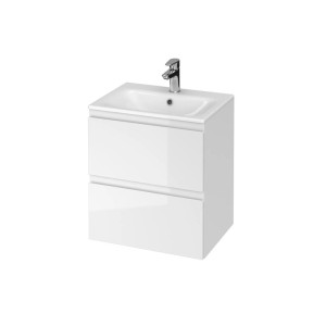 Biała szafka pod umywalkę t.b.t. z umywalką i baterią.