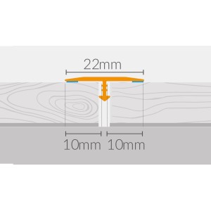 Zbliżenie na listwę przejściową w kształcie litery T (szerokość 22 mm, głębokość 10 mm) do podłóg.