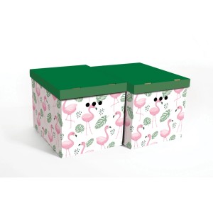 Pudełka kartonowe t.b.t. we wzór flamingów z zieloną pokrywką.
