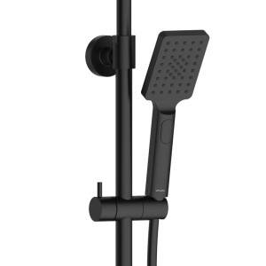 Czarna kolumna prysznicowa t.b.t. z słuchawką i uchwytem.