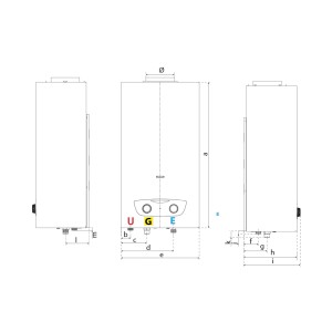 Rysunek techniczny przepływowego podgrzewacza wody z wymiarami.