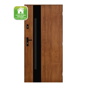 Brązowe drzwi zewnętrzne z czarnym akcentem i klamką.