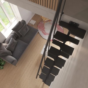 Czarne schody wewnętrzne w nowoczesnym salonie z sofą i dywanem.