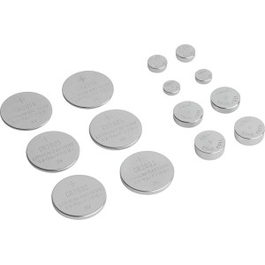 14-częściowy zestaw baterii guzikowych z różnymi typami baterii np. do zegarków i kalkulatorów.