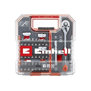 Kaseta Einhell L-Case, 37-częściowy zestaw bitów z grzechotką, bitami i adapterami w przezroczystym pudełku.
