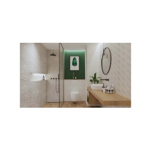 Nowoczesna łazienka z teksturowanymi, jasnymi płytkami podłogowymi. Elegancki design.