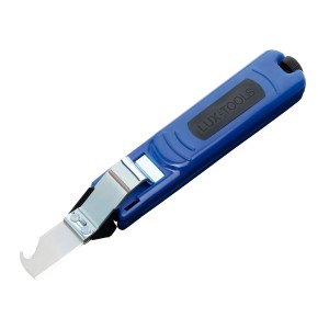 Nóż do kabli LUX Universal Comfort w kolorze niebieskim z metalową wkładką i ostrzem.