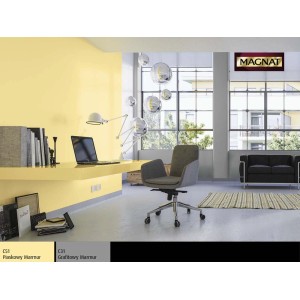 Pokój dzienny z żółtą ścianą (t.b.t.) i meblami biurowymi. Kolorowe farby do ścian.