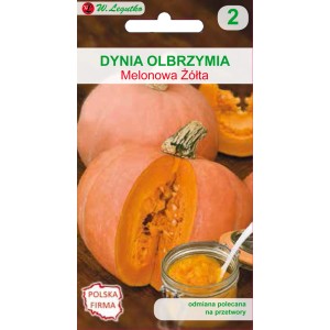 Opakowanie nasion dyni melonowej 'Żółta'. Dynia i słoik dżemu dyniowego.