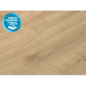 Jasne panele podłogowe laminowane t.b.t. z efektem drewna i powłoką hydrofobową.