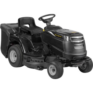 Traktor ogrodowy Alpina AT4 84 A, czarny traktorek z koszem i szerokością koszenia 84 cm.