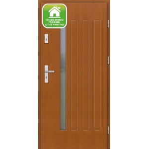 Brązowe drzwi zewnętrzne z szybą i pionowymi listwami dekoracyjnymi.