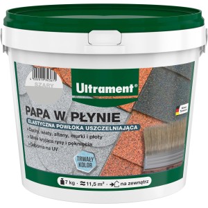 Wiadro z płynną papą Ultrament, odpowiednie do bitumicznych pokryć dachowych.