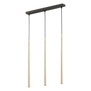 Nowoczesna lampa wisząca z trzema złotymi rurkami pod czarnym mocowaniem.