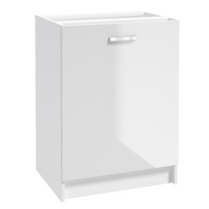Biała szafka dolna z zestawu mebli kuchennych t.b.t. ze srebrnym uchwytem.