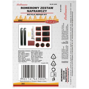 Zestaw naprawczy do roweru z łatkami, łyżkami do opon, papierem ściernym i klejem.
