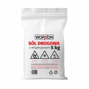 Sól drogowa Worxon w worku 5 kg, do zwalczania lodu i śniegu.