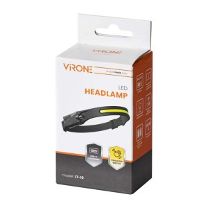 Latarka czołowa LED Viroone w opakowaniu, ładowana przez USB-C, bezdotykowy włącznik.