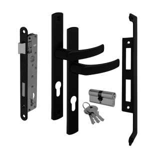 Czarny zestaw t.b.t. do bram ogrodzeniowych z klamką, zamkiem i kluczami.