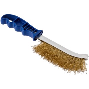 Szczotka druciana LUX Universal z niebieską rączką i mosiądzowanymi włosiem do czyszczenia i usuwania rdzy.