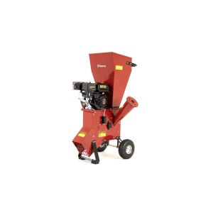 Czerwony, jezdny rozdrabniacz ogrodowy do odpadów ogrodowych.