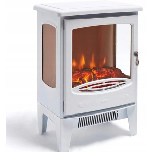 Biały kominek elektryczny t.b.t. z efektem płomieni dla przytulnej atmosfery.
