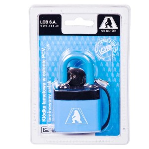 Niebieska kłódka t.b.t. z kluczem w opakowaniu.