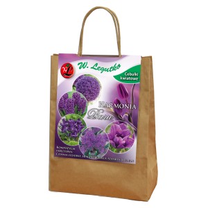Cebulki kwiatowe "Harmonia Barw" w papierowej torbie, różne fioletowe kwiaty.