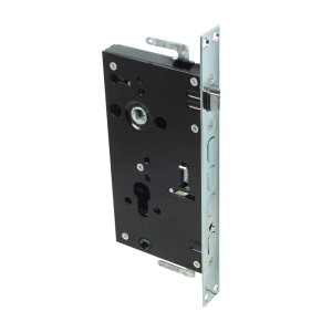 Zamek do drzwi, zamek wpuszczany z czarną obudową i srebrnym szyldem.