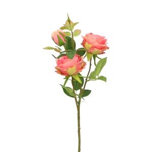 Dekoracyjna sztuczna róża z różowym kwiatem i pąkiem, idealna do kompozycji kwiatowych.