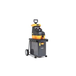 Elektryczny rozdrabniacz ogrodowy t.b.t. z pojemnikiem i kołami.