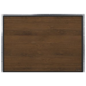 Brązowa brama garażowa z efektem drewna i srebrną ramą.