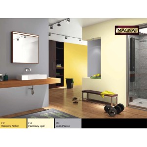 Łazienka z farbami ściennymi w kolorze żółtym, szarym i białym. Kolorowe farby do ścian.