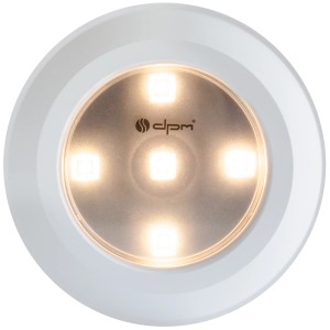 Biała lampka nocna LED, okrągły kształt. Idealna jako subtelne oświetlenie w sypialni.