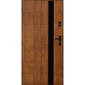Nowoczesne drzwi zewnętrzne w kolorze drewna z czarnym akcentem i klamką.
