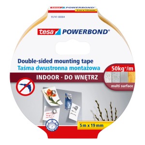 Tesa Powerbond Taśma montażowa do wnętrz, 5 m x 19 mm, dwustronna do mocnego montażu.
