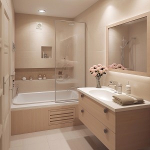 Nowoczesna łazienka z wanną, umywalką i lustrem. Widoczne Wywietrzniki zewnętrzne.