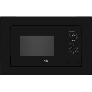 Czarna mikrofalówka do zabudowy Beko z pokrętłami.