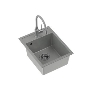 Szary zlewozmywak granitowy t.b.t. z baterią i ociekaczem.